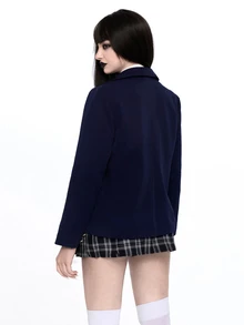 ROMWE J-Fashion سترة طويلة فضفاضة بتفاصيل أزرار أنيقة بأسلوب جامعي للنساء والفتيات - أزرق بحري - مشاهدة 10