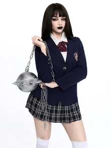 ROMWE J-Fashion سترة طويلة فضفاضة بتفاصيل أزرار أنيقة بأسلوب جامعي للنساء والفتيات - أزرق بحري - مشاهدة 5