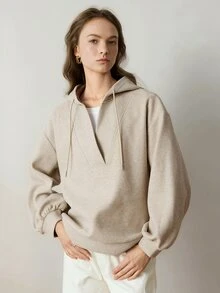 Dazy-Less Women's Solid Color Drop Shoulder Long Sleeve Casual Drawstring Hooded Sweatshirt Everyday Travel Beige Autumn - Khaki - View 1