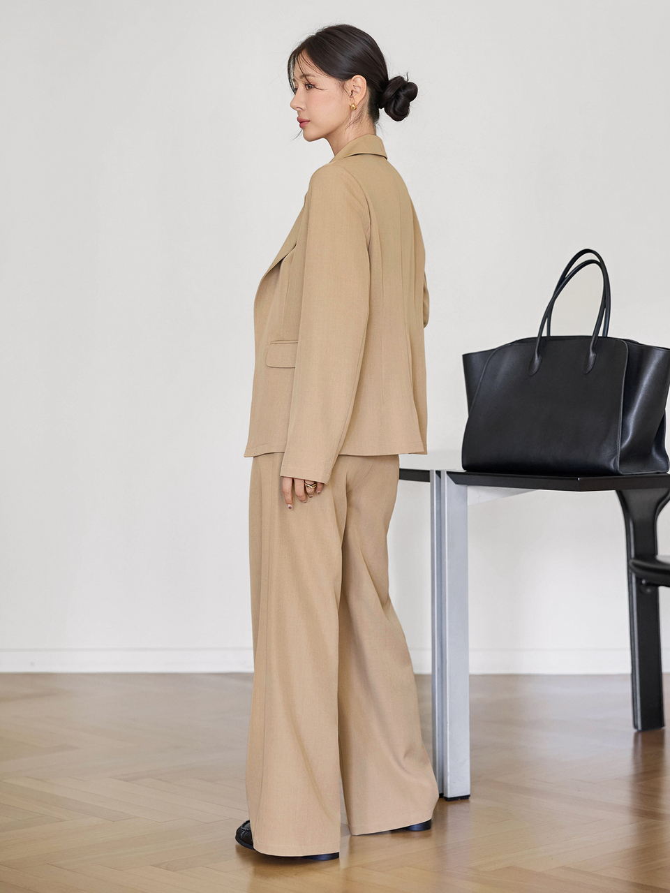 Women's Khaki Lapel Button Long Sleeve Cinched Waist Blazer And Straight Leg Pants Suit Set Business Casual Woman Fall
