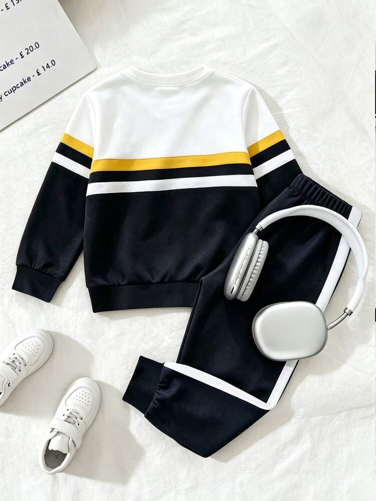 Genkimix Kids 2pcs/Set Young Boy Casual Sports College Street Style Cute Cool Graphic Three-Panel Striped Sweatshirt + Long Pants, Suitable For Daily Wear, School, Travel, Sports, Spring And Autumn, Overall Design Is Simple And Elegant, Comfortable And Fashionable, Showcasing A Casual Fashionable Image, A Practical And Fashionable Choice For Boys' Wardrobe - Black and White - View 3