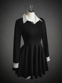 SHEIN ICON Gaun Wanita Gaya Prancis dengan Kancing dan Warna Kontras 2 in 1 - Hitam dan Putih - View 13