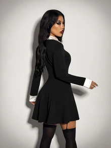 SHEIN ICON Gaun Wanita Gaya Prancis dengan Kancing dan Warna Kontras 2 in 1 - Hitam dan Putih - View 2