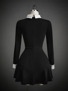 SHEIN ICON Gaun Wanita Gaya Prancis dengan Kancing dan Warna Kontras 2 in 1 - Hitam dan Putih - View 8
