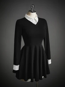 SHEIN ICON Gaun Wanita Gaya Prancis dengan Kancing dan Warna Kontras 2 in 1 - Hitam dan Putih - View 9