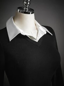 SHEIN ICON Gaun Wanita Gaya Prancis dengan Kancing dan Warna Kontras 2 in 1 - Hitam dan Putih - View 16