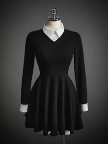 SHEIN ICON Gaun Wanita Gaya Prancis dengan Kancing dan Warna Kontras 2 in 1 - Hitam dan Putih - View 11