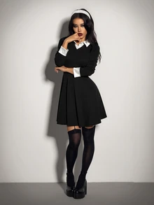 SHEIN ICON Gaun Wanita Gaya Prancis dengan Kancing dan Warna Kontras 2 in 1 - Hitam dan Putih - View 6