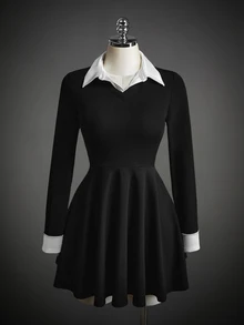 SHEIN ICON Gaun Wanita Gaya Prancis dengan Kancing dan Warna Kontras 2 in 1 - Hitam dan Putih - View 7