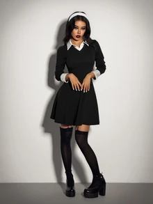 SHEIN ICON Gaun Wanita Gaya Prancis dengan Kancing dan Warna Kontras 2 in 1 - Hitam dan Putih - View 1
