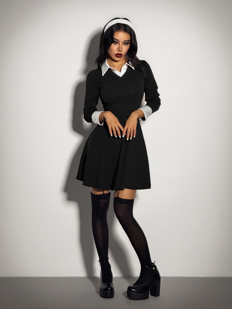 SHEIN ICON 女款法式風格鈕扣對比色二合一洋裝 - 黑與白 - 查看 1