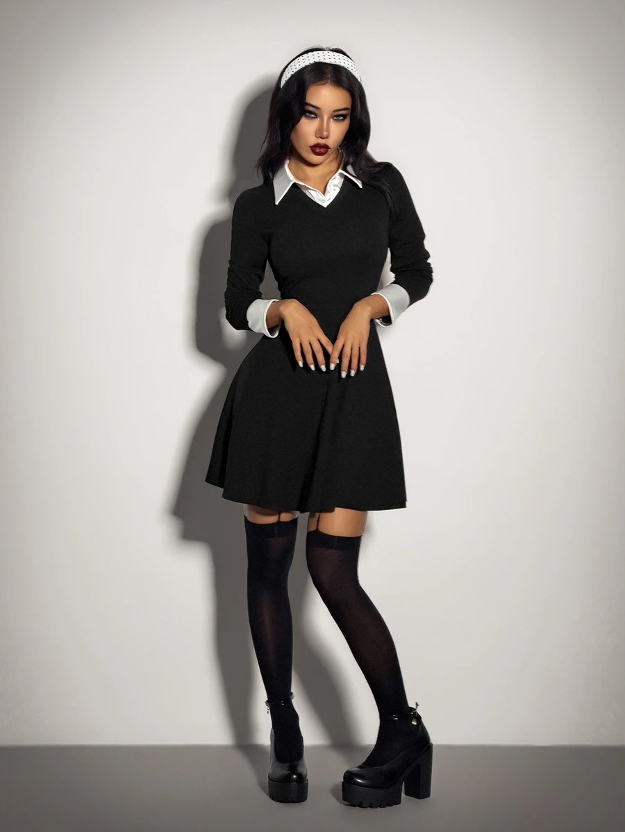 SHEIN ICON Gaun Wanita Gaya Prancis dengan Kancing dan Warna Kontras 2 in 1 - Hitam dan Putih - View 1