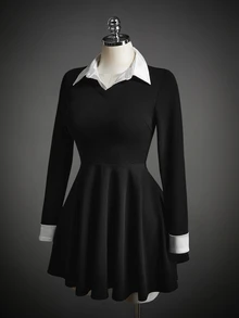 SHEIN ICON Gaun Wanita Gaya Prancis dengan Kancing dan Warna Kontras 2 in 1 - Hitam dan Putih - View 10