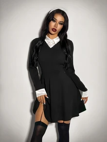 SHEIN ICON Gaun Wanita Gaya Prancis dengan Kancing dan Warna Kontras 2 in 1 - Hitam dan Putih - View 5