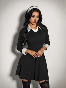SHEIN ICON Gaun Wanita Gaya Prancis dengan Kancing dan Warna Kontras 2 in 1 - Hitam dan Putih - View 3