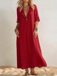 Linhara CURVE Plus Size Women's Autumn Minimalist Boho Solid Red V-Neck Ruffle Hem Loose Straight Pocket Mid-Sleeve Dress, Suitable For Home, Outings Fall - Red - View 3