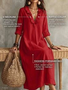 Linhara CURVE Plus Size Women's Autumn Minimalist Boho Solid Red V-Neck Ruffle Hem Loose Straight Pocket Mid-Sleeve Dress, Suitable For Home, Outings Fall - Red - View 5