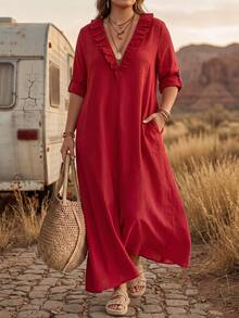 Linhara CURVE Plus Size Women's Autumn Minimalist Boho Solid Red V-Neck Ruffle Hem Loose Straight Pocket Mid-Sleeve Dress, Suitable For Home, Outings Fall - Red - View 4