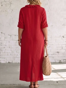 Linhara CURVE Plus Size Women's Autumn Minimalist Boho Solid Red V-Neck Ruffle Hem Loose Straight Pocket Mid-Sleeve Dress, Suitable For Home, Outings Fall - Red - View 2