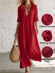 Linhara CURVE Plus Size Women's Autumn Minimalist Boho Solid Red V-Neck Ruffle Hem Loose Straight Pocket Mid-Sleeve Dress, Suitable For Home, Outings Fall - Red - View 6