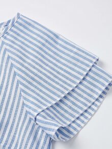 Balvessa Double Layer Ruffle Casual Vacation Round Neck Classic Commute Versatile Women's Blouse Brunch Vacation Blue And White Stripe Summer - Multicolor - View 5
