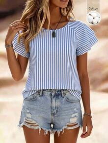 Balvessa Double Layer Ruffle Casual Vacation Round Neck Classic Commute Versatile Women's Blouse Brunch Vacation Blue And White Stripe Summer - Multicolor - View 8