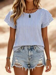 Balvessa Double Layer Ruffle Casual Vacation Round Neck Classic Commute Versatile Women's Blouse Brunch Vacation Blue And White Stripe Summer - Multicolor - View 4