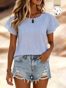 Balvessa Double Layer Ruffle Casual Vacation Round Neck Classic Commute Versatile Women's Blouse Brunch Vacation Blue And White Stripe Summer - Multicolor - View 7