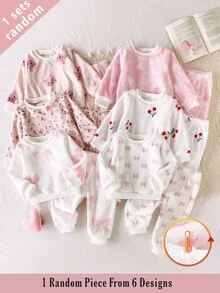6 Sets Randomly Sent 1 Set Autumn/Winter Double-Sided Flannel Printed Baby Girl Elegant Cute Kitten Bow Heart Flower Cherry Pattern Ribbed Collar Long Sleeve Long Pants Fleece Loungewear Random 6-In-1 Two Pieces Set - Multicolor - View 1