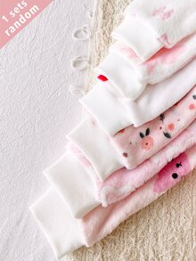 6 Sets Randomly Sent 1 Set Autumn/Winter Double-Sided Flannel Printed Baby Girl Elegant Cute Kitten Bow Heart Flower Cherry Pattern Ribbed Collar Long Sleeve Long Pants Fleece Loungewear Random 6-In-1 Two Pieces Set - Multicolor - View 4
