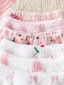 6 Sets Randomly Sent 1 Set Autumn/Winter Double-Sided Flannel Printed Baby Girl Elegant Cute Kitten Bow Heart Flower Cherry Pattern Ribbed Collar Long Sleeve Long Pants Fleece Loungewear Random 6-In-1 Two Pieces Set - Multicolor - View 3