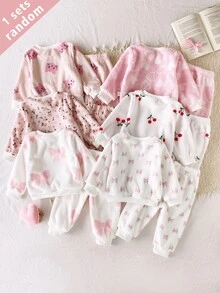 6 Sets Randomly Sent 1 Set Autumn/Winter Double-Sided Flannel Printed Baby Girl Elegant Cute Kitten Bow Heart Flower Cherry Pattern Ribbed Collar Long Sleeve Long Pants Fleece Loungewear Random 6-In-1 Two Pieces Set - Multicolor - View 2