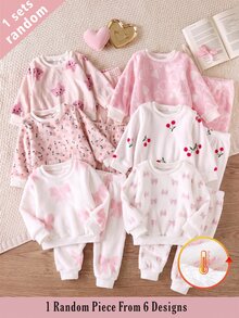 6 Sets Randomly Sent 1 Set Autumn/Winter Double-Sided Flannel Printed Baby Girl Elegant Cute Kitten Bow Heart Flower Cherry Pattern Ribbed Collar Long Sleeve Long Pants Fleece Loungewear Random 6-In-1 Two Pieces Set - Multicolor - View 8