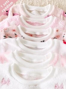 6 Sets Randomly Sent 1 Set Autumn/Winter Double-Sided Flannel Printed Baby Girl Elegant Cute Kitten Bow Heart Flower Cherry Pattern Ribbed Collar Long Sleeve Long Pants Fleece Loungewear Random 6-In-1 Two Pieces Set - Multicolor - View 6