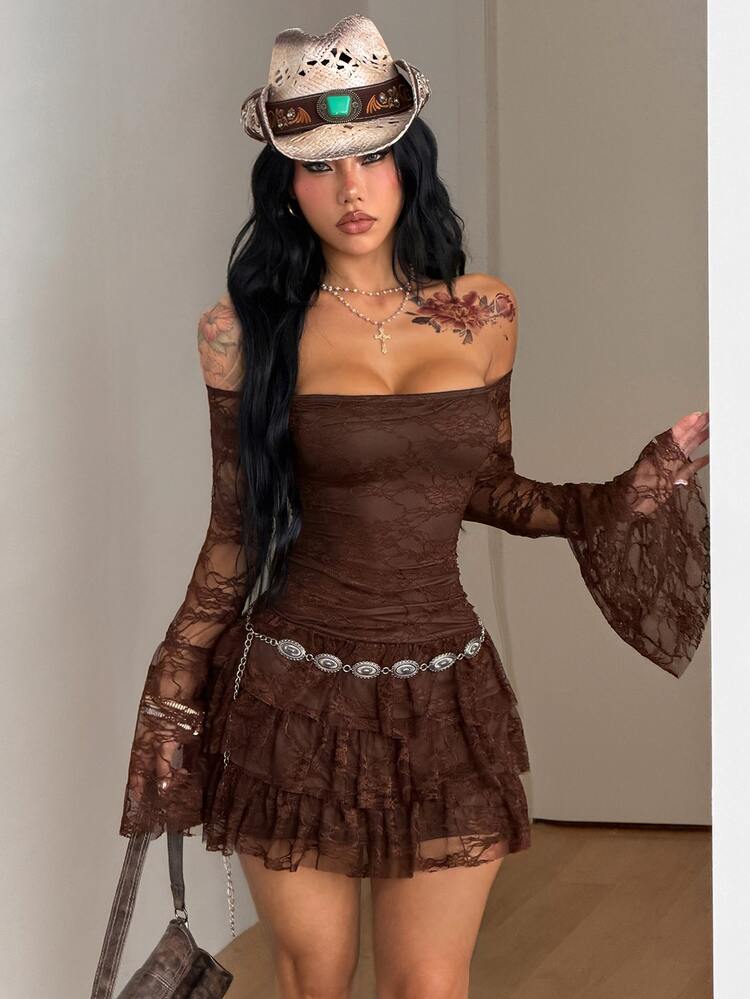 Coolane Women's Spring Streetwear Hippie Boho Beach Outfits Vacation Outfits Spring Break Outfits Fairycore Long Sleeve Off The Shoulder White Lace Mini Ruffle Dress - Coffee Brown - View 5