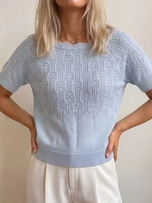 Sprig & Strand Women's Solid Color Fan Pattern Hollow Knit Short Sleeve Round Neck Versatile Slouchy Sweater, Autumn Brunch Office Light Blue Minimalist Elegant - Blue - View 5