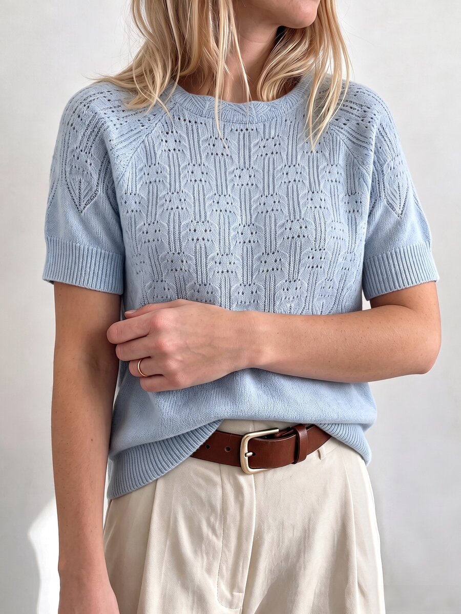 Sprig & Strand Women's Solid Color Fan Pattern Hollow Knit Short Sleeve Round Neck Versatile Slouchy Sweater, Autumn Brunch Office Light Blue Minimalist Elegant - Blue - View 1