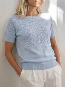 Sprig & Strand Women's Solid Color Fan Pattern Hollow Knit Short Sleeve Round Neck Versatile Slouchy Sweater, Autumn Brunch Office Light Blue Minimalist Elegant - Blue - View 6