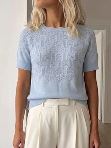 Sprig & Strand Women's Solid Color Fan Pattern Hollow Knit Short Sleeve Round Neck Versatile Slouchy Sweater, Autumn Brunch Office Light Blue Minimalist Elegant - Blue - View 2