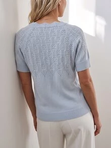 Sprig & Strand Women's Solid Color Fan Pattern Hollow Knit Short Sleeve Round Neck Versatile Slouchy Sweater, Autumn Brunch Office Light Blue Minimalist Elegant - Blue - View 3