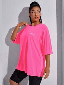 SHEIN Rhythm Era Plus Letter Graphic Sports Tee - Hot Pink - View 3