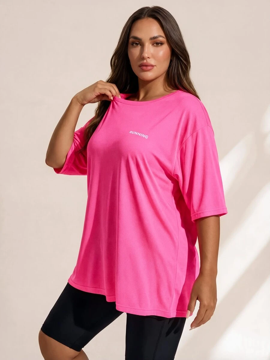 SHEIN Rhythm Era Plus Letter Graphic Sports Tee - Hot Pink - View 1