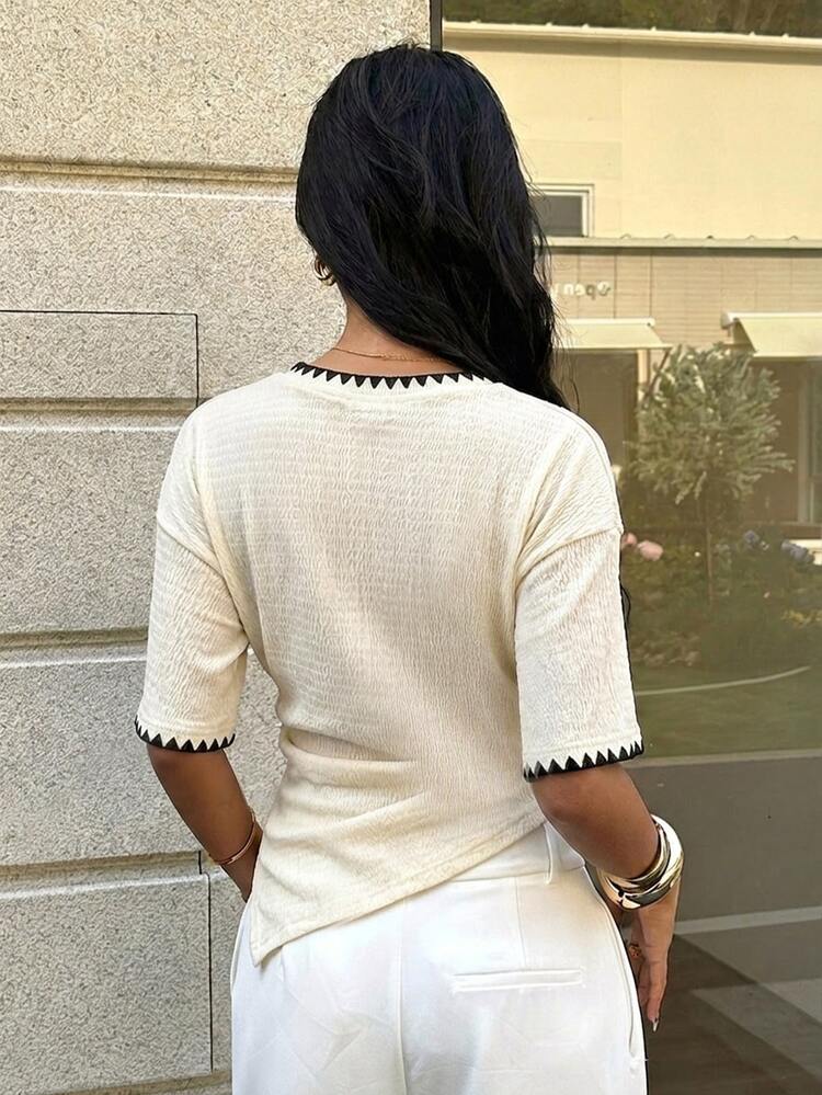 Aloruh Women's Beige Textured Crewneck Tee; Ruched Waist, Side Slit, Shell-Edge Trim; Boho/Beach; Date/Party/Cocktail/Formal/Vacation/Wedding-Guest - Light Yellow - View 2