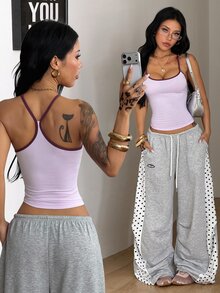 Coolane 女款 Y2K 街頭風時尚拼色飾邊掛脖上衣 - 粉色 - 查看 1