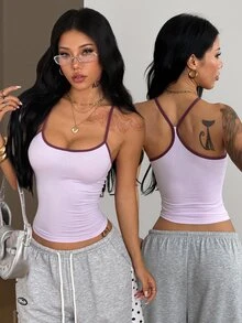 Coolane 女款 Y2K 街頭風時尚拼色飾邊掛脖上衣 - 粉色 - 查看 3