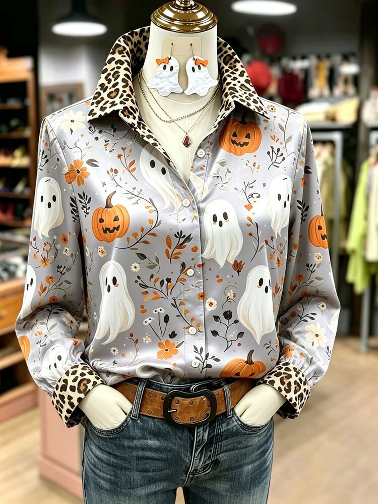INAWLY Women Grey Satin Halloween Ghost Pumpkin Floral Leopard Contrast Collar Long Sleeve Button Down Shirt Autumn Cute Fall Holiday Style Halloween Party - Multicolor - View 4