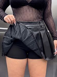 Muchica Plus-Size Women's Solid Color PU Leather Pleated Culottes, Perfect For Back-To-School Season And Parties. Fall - Black - View 3
