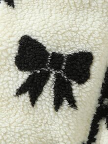 女童連帽冬季外套，長袖上衣，秋冬款，雙面穿著毛絨蝴蝶結印花加厚抓絨 - 黑色 - 查看 9