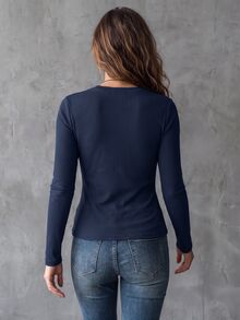 LUMIGAL Women's Vintage Commuter Slim Fit Flattering Half-Zip Knit Ribbed T-Shirt, Versatile Design For Outings - Dusty Blue - View 2