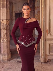 Aureia Elegant Romantic Ballet Dark Red Pearl Rhinestone Beaded One Long Sleeve Peplum Mermaid Floor Length Train Formal Gala Dinner Cocktail Evening Prom - Burgundy - View 6